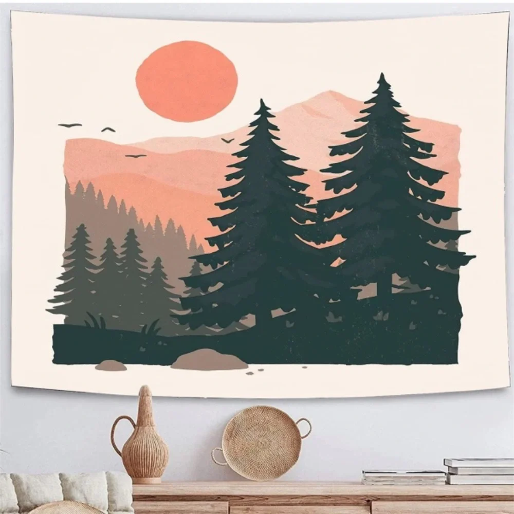 California Mountain Range Pink/Green Forest Retro Pop Art Home Decor Tapestry